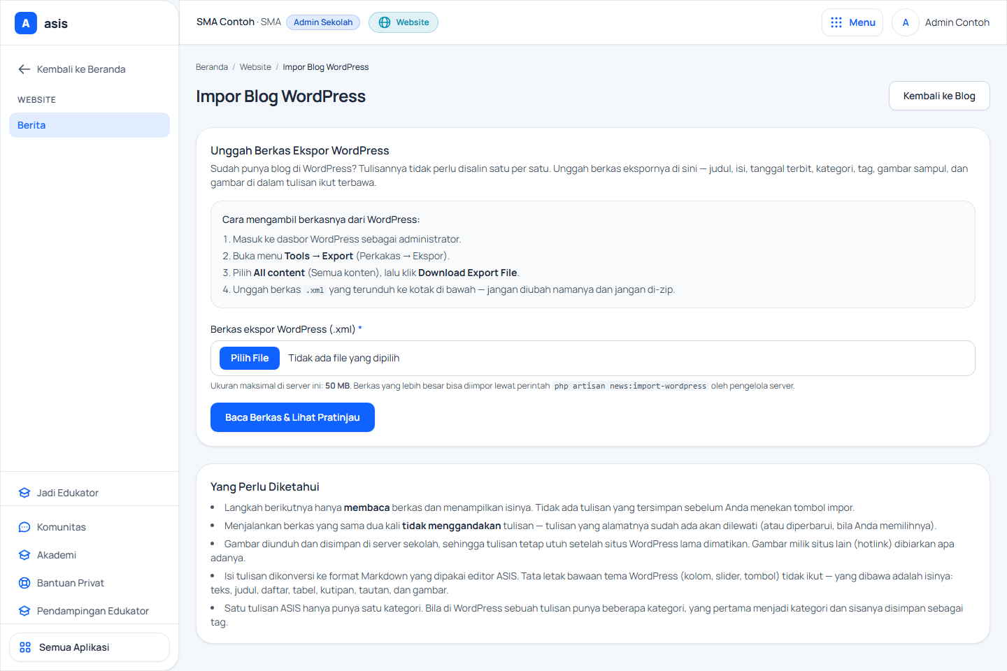 Antarmuka Impor Blog WordPress di ASIS